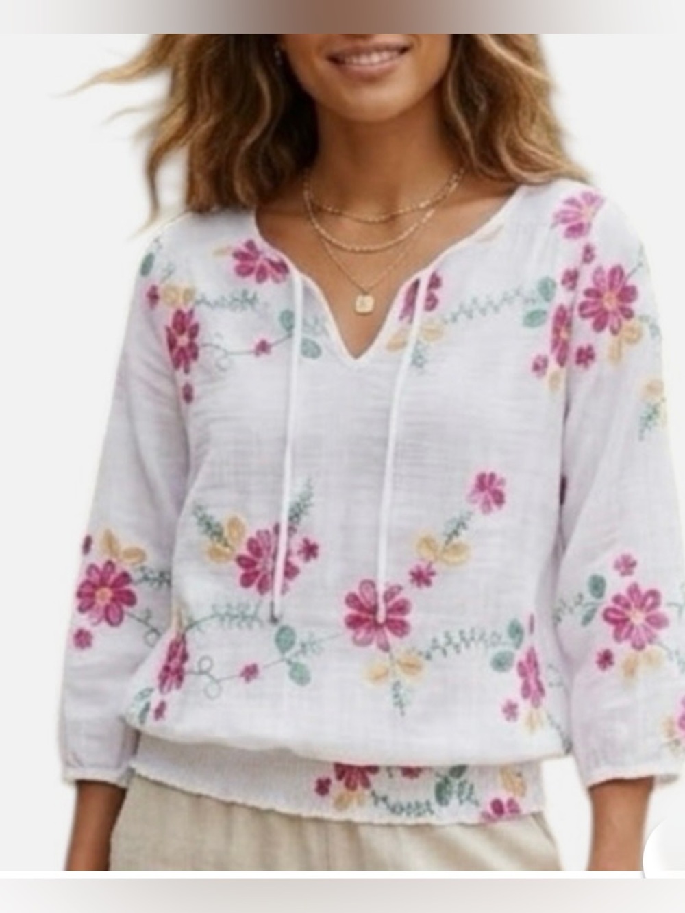 NWT Anthropologie White Peasant Blouse with Pink & Green Floral Embroidery. Med